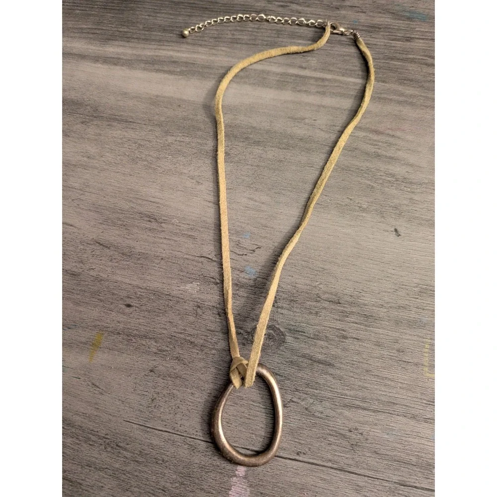 Boho Tan Faux Suede Cord Necklace Hammered Silver Tone Organic Ring Pendant 16